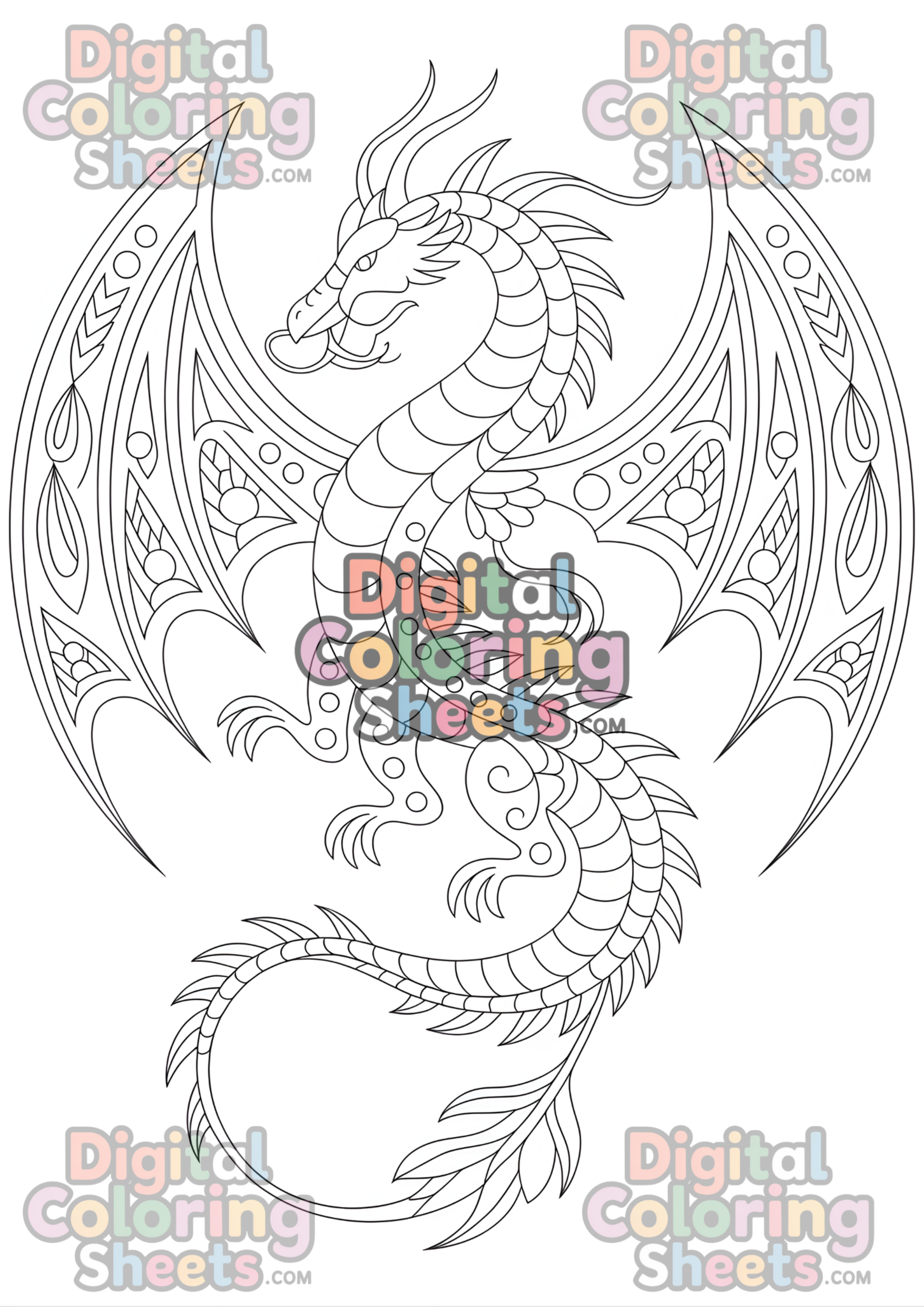 Dragon Mandala Coloring Page – Intricate Symmetrical Fantasy Design for Adults (Printable Line Art)