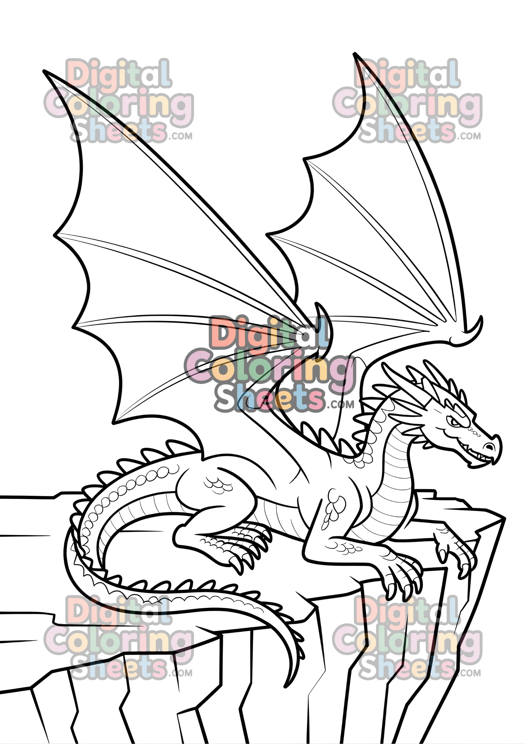 Winged Cliff Dragon Coloring Page – Powerful Resting Dragon Line Art Printable for Adults