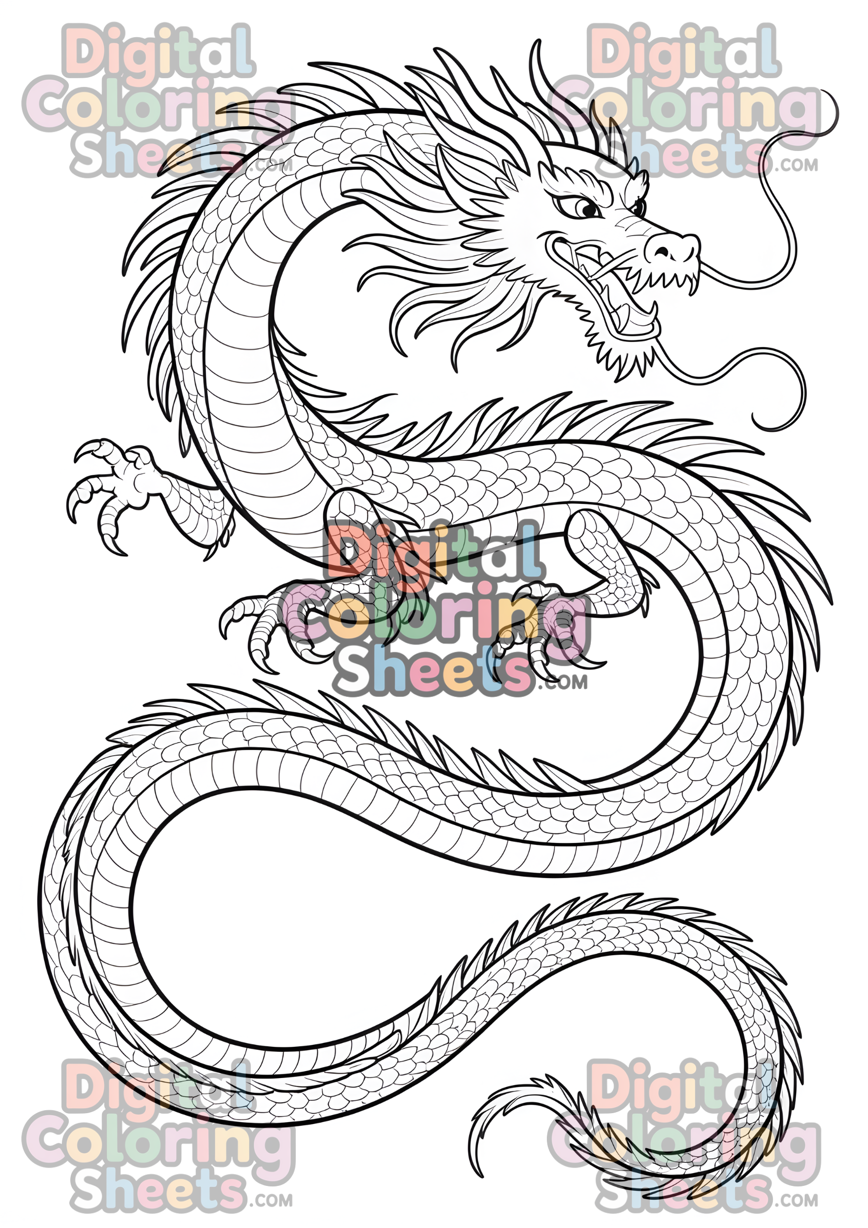 Majestic Eastern Dragon Coloring Page – Serpentine Asian Dragon Line Art Printable for Adults
