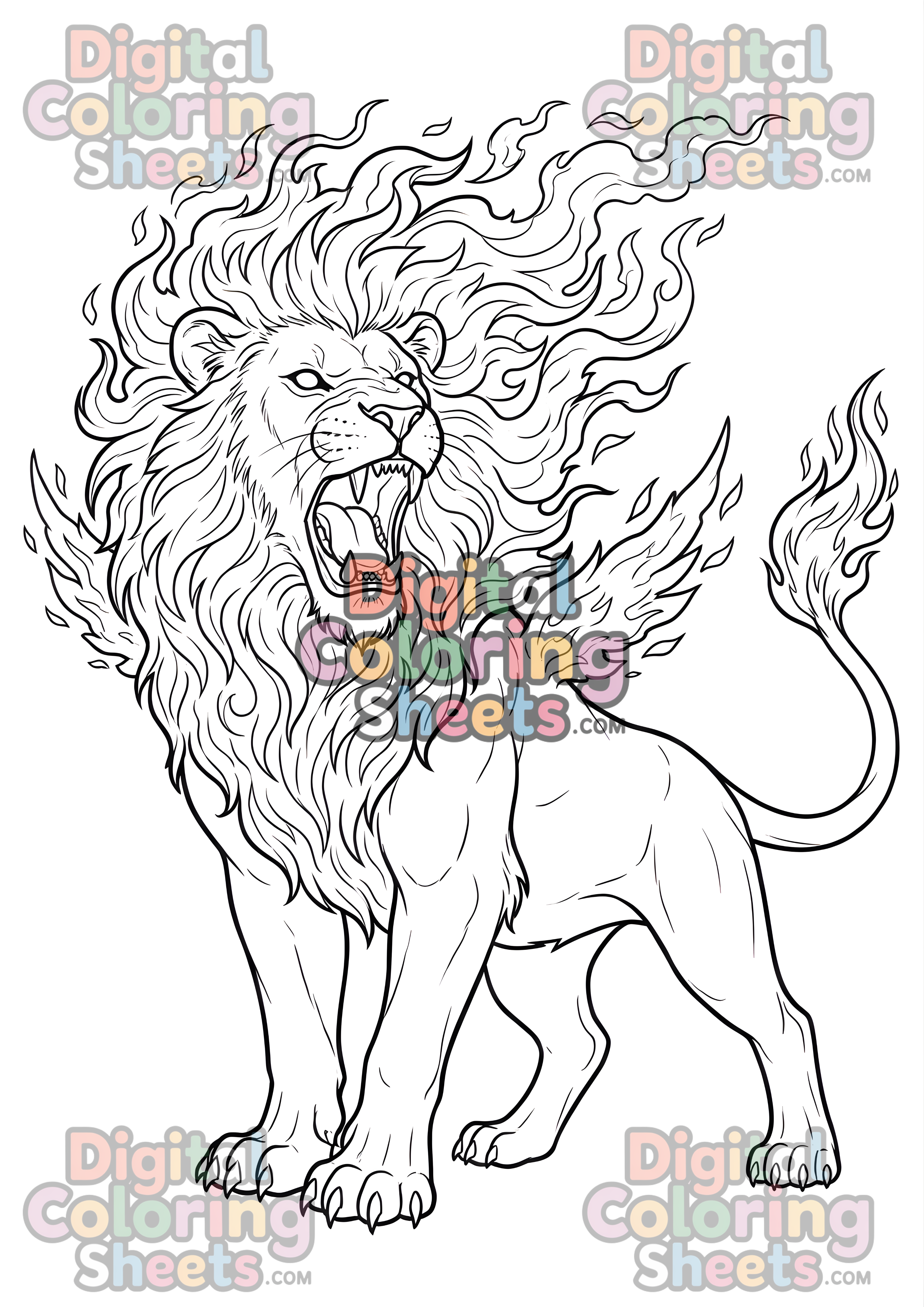 Fire Lion – Flaming Mane Fantasy Coloring Page (Digital Printable)