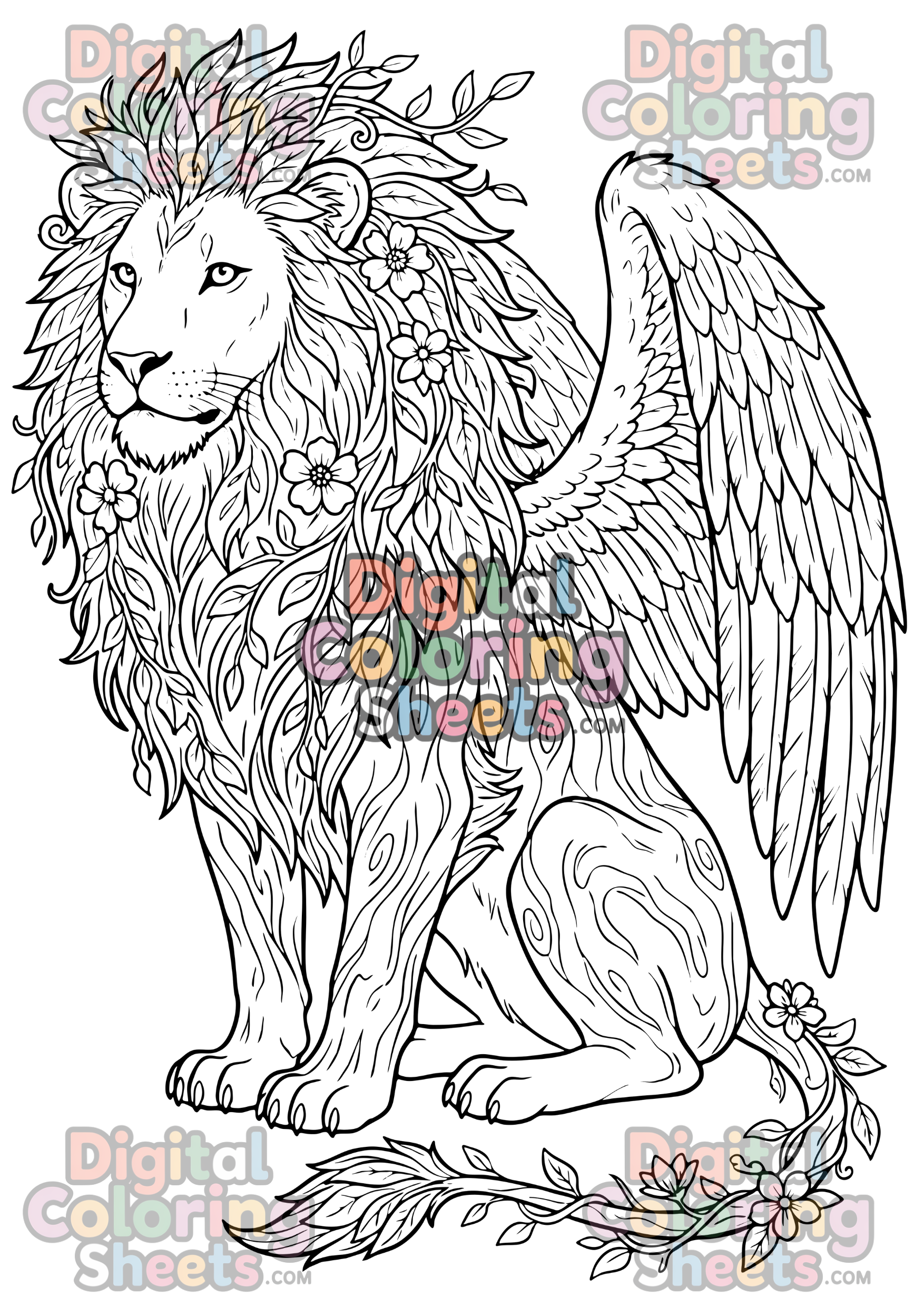 Forest Guardian Lion – Fantasy Nature Coloring Page (Printable Digital Download)