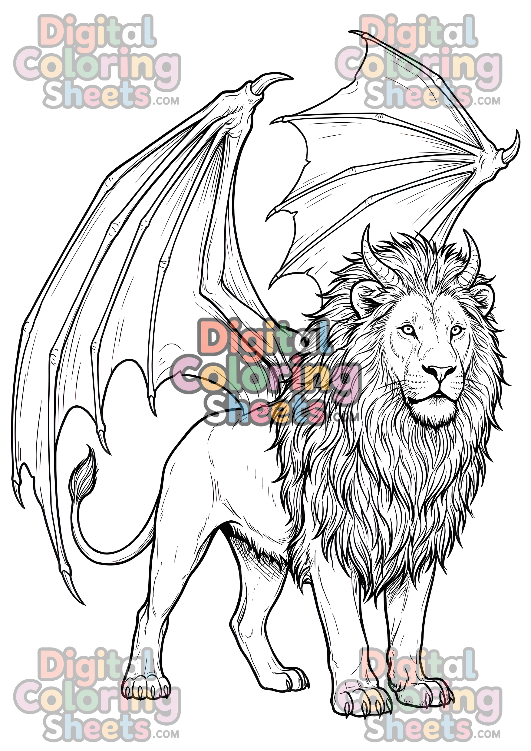 Mythical Winged Lion Coloring Page – Printable Fantasy Beast Line Art