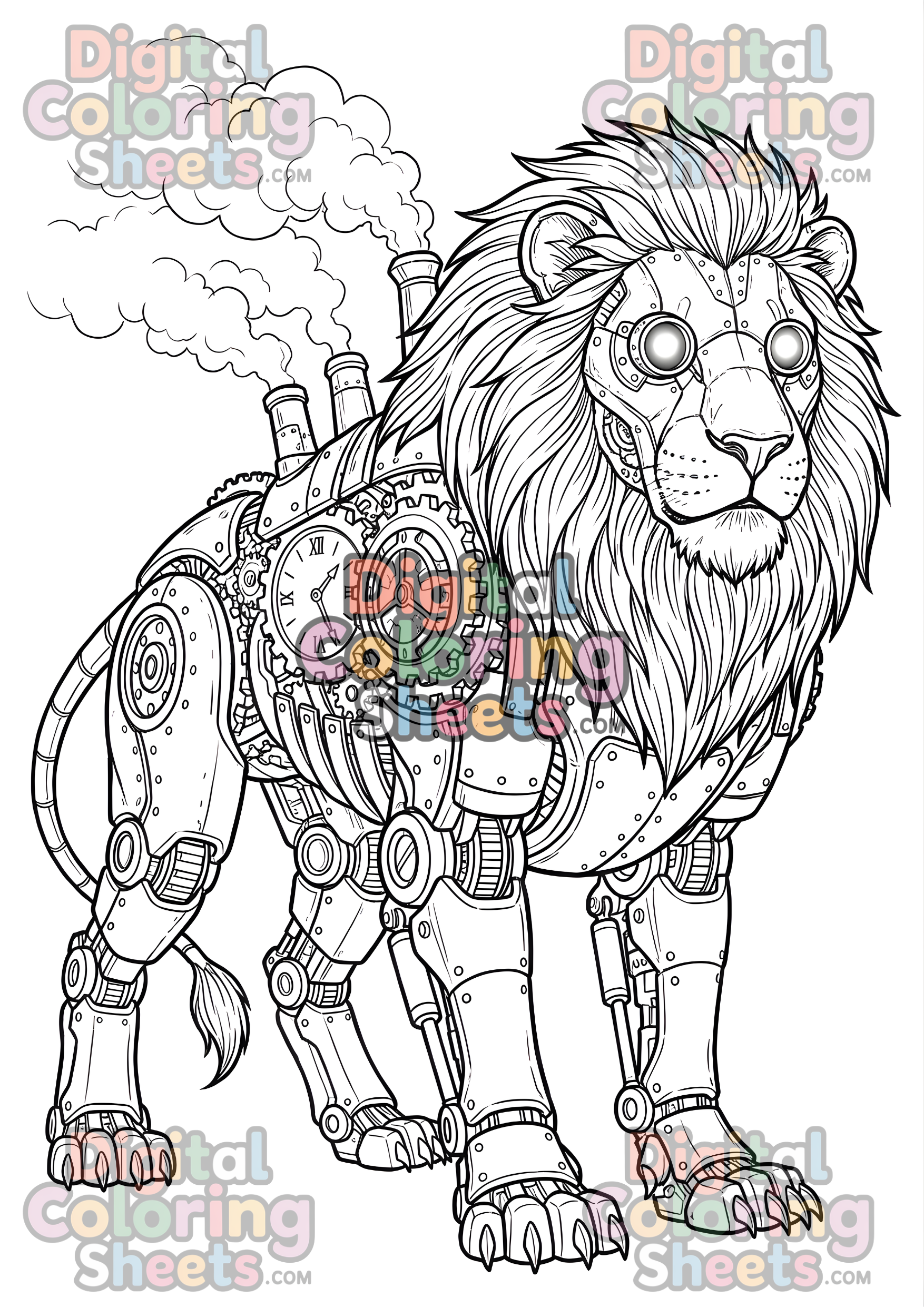 Steampunk Mechanical Lion Coloring Page