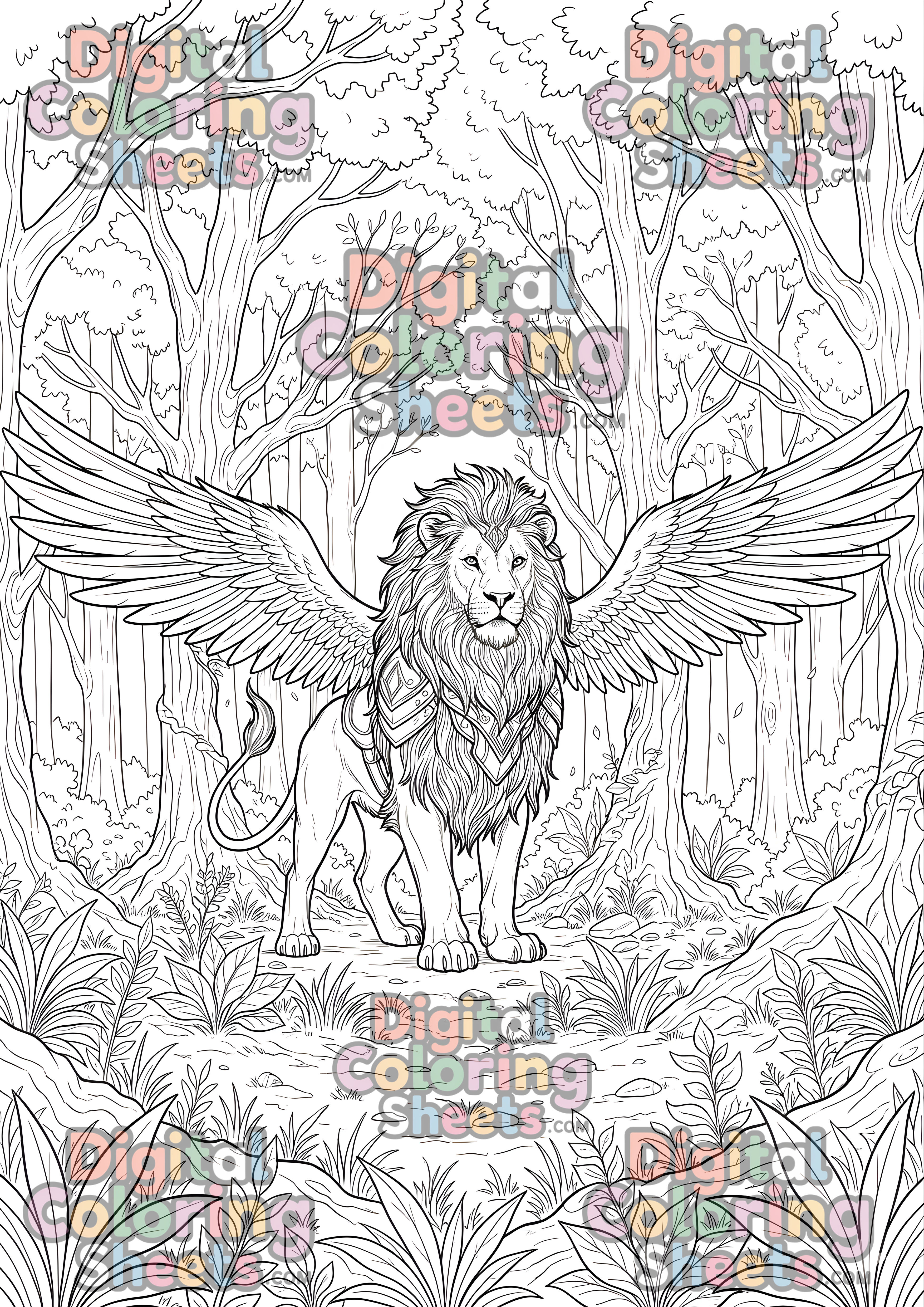 Majestic Winged Lion – Fantasy Printable Coloring Page Bundle(Instant Download)