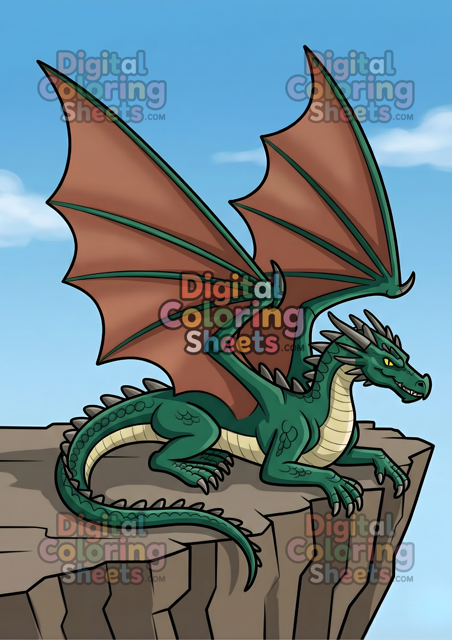 Winged Cliff Dragon Coloring Page – Powerful Resting Dragon Line Art Printable for Adults