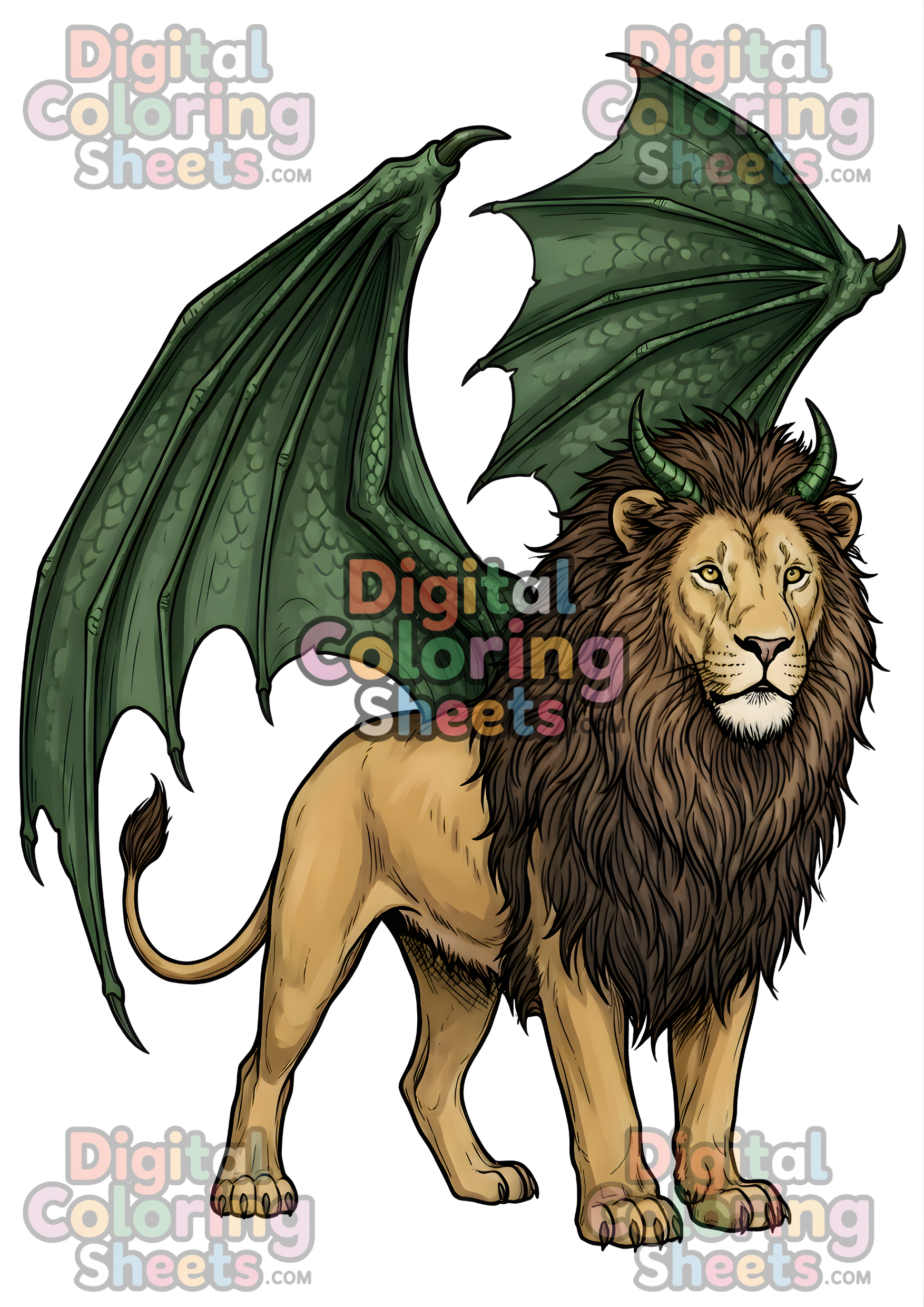 Mythical Winged Lion Coloring Page – Printable Fantasy Beast Line Art