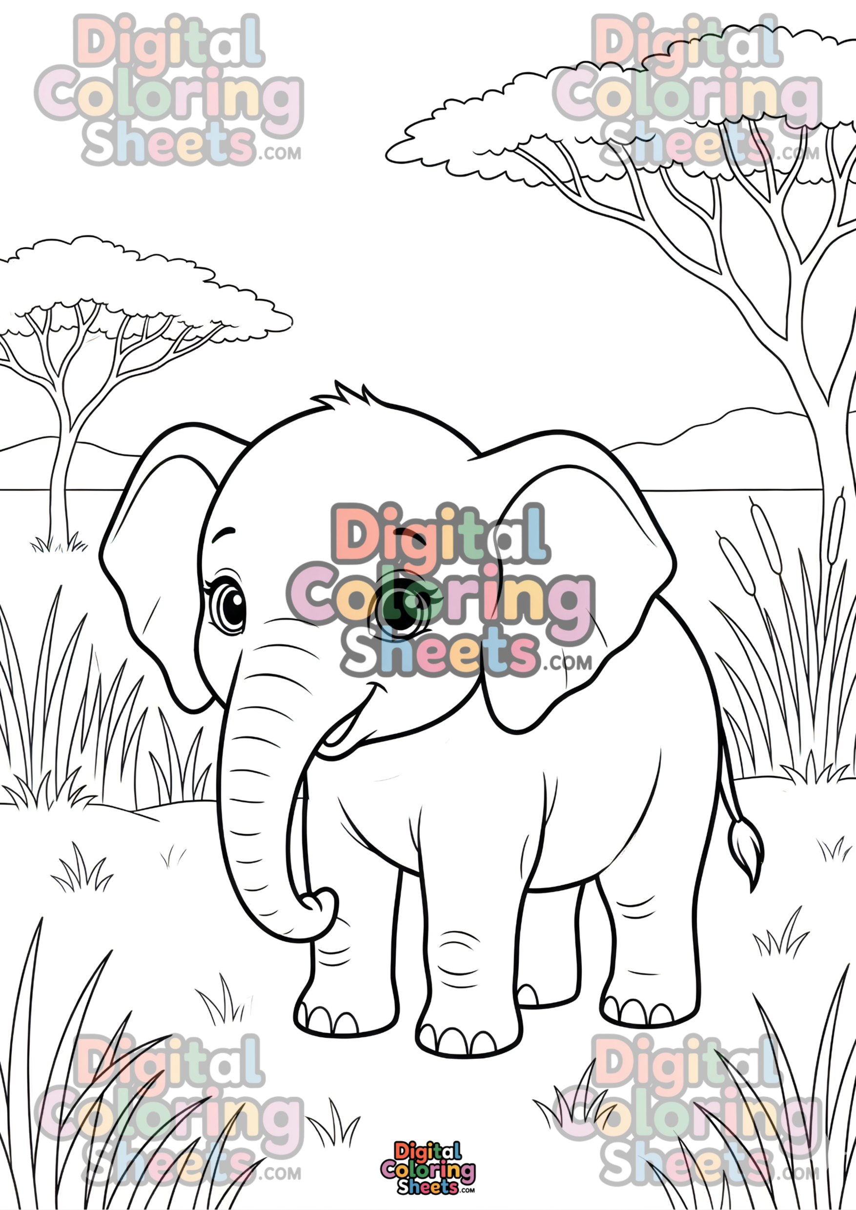 A4 Free Adorable Baby Elephant Coloring Page – Cute Savanna Animal Line Art Printable for Kids