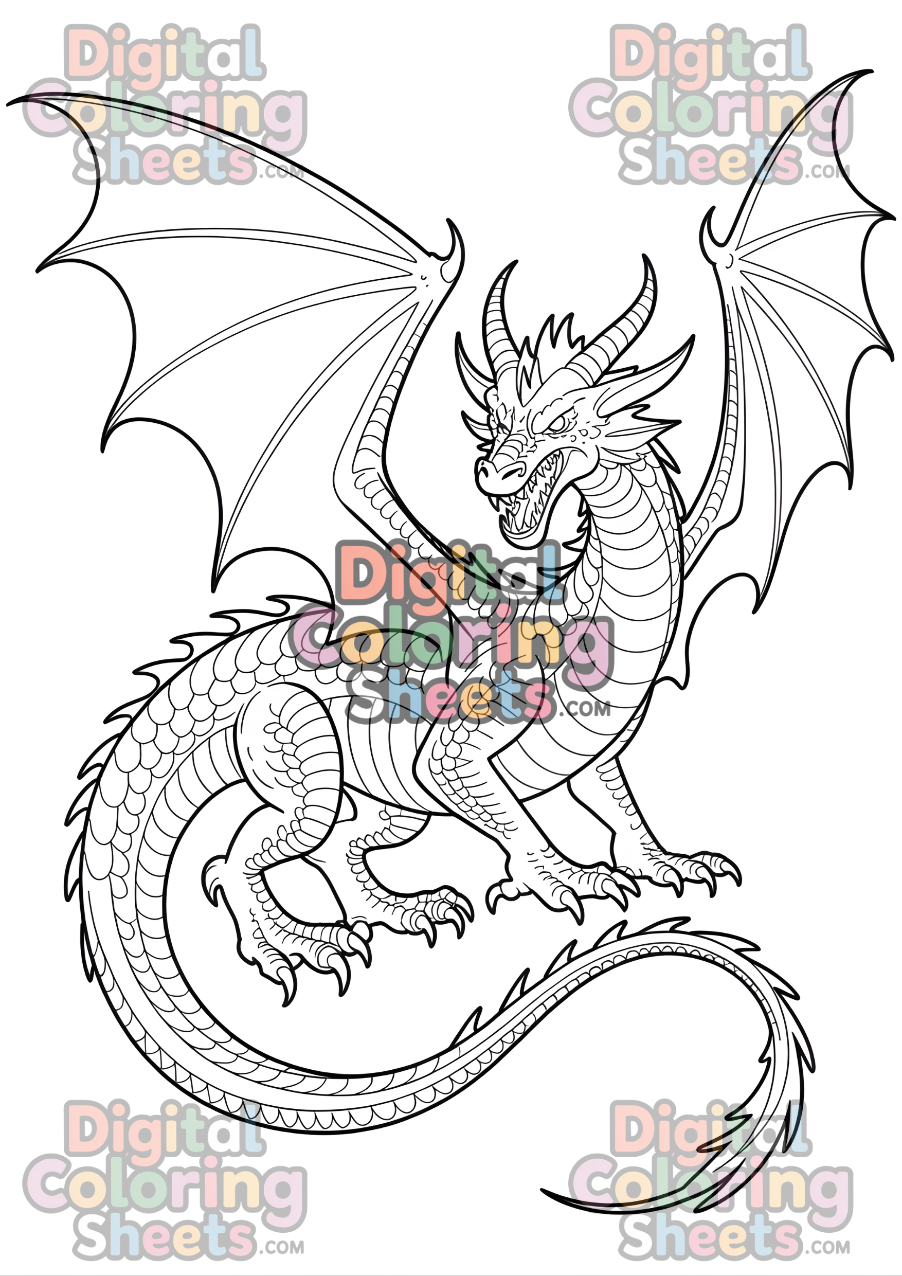 Fire-Breathing Dragon Coloring Page – Fierce Western Dragon Printable Line Art for Adults