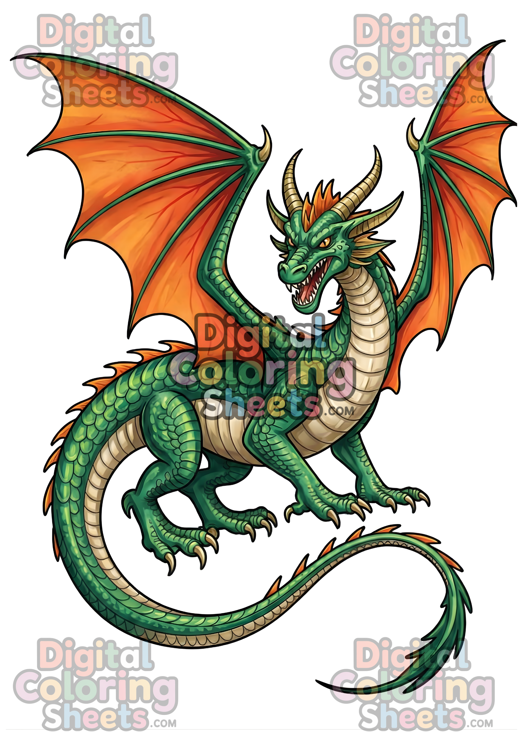 Fire-Breathing Dragon Coloring Page – Fierce Western Dragon Printable Line Art for Adults