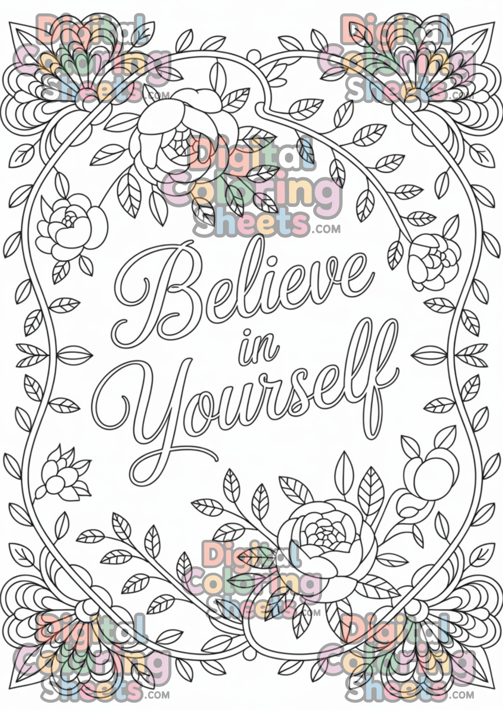 Believe in Yourself” Coloring Page – Inspirational Adult Coloring Art