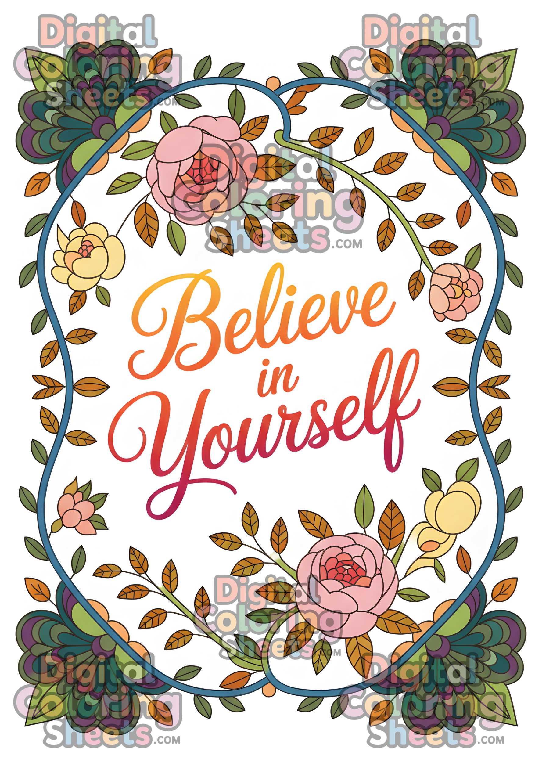 Believe in Yourself” Coloring Page – Inspirational Adult Coloring Art