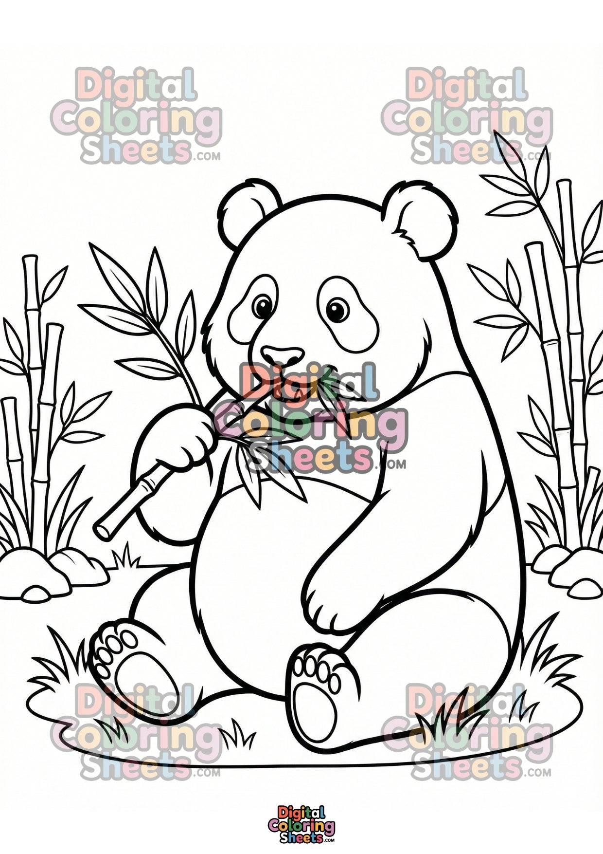 Free A4 Cute Panda Eating Bamboo Coloring Page – Adorable Animal Line Art Printable for Kids