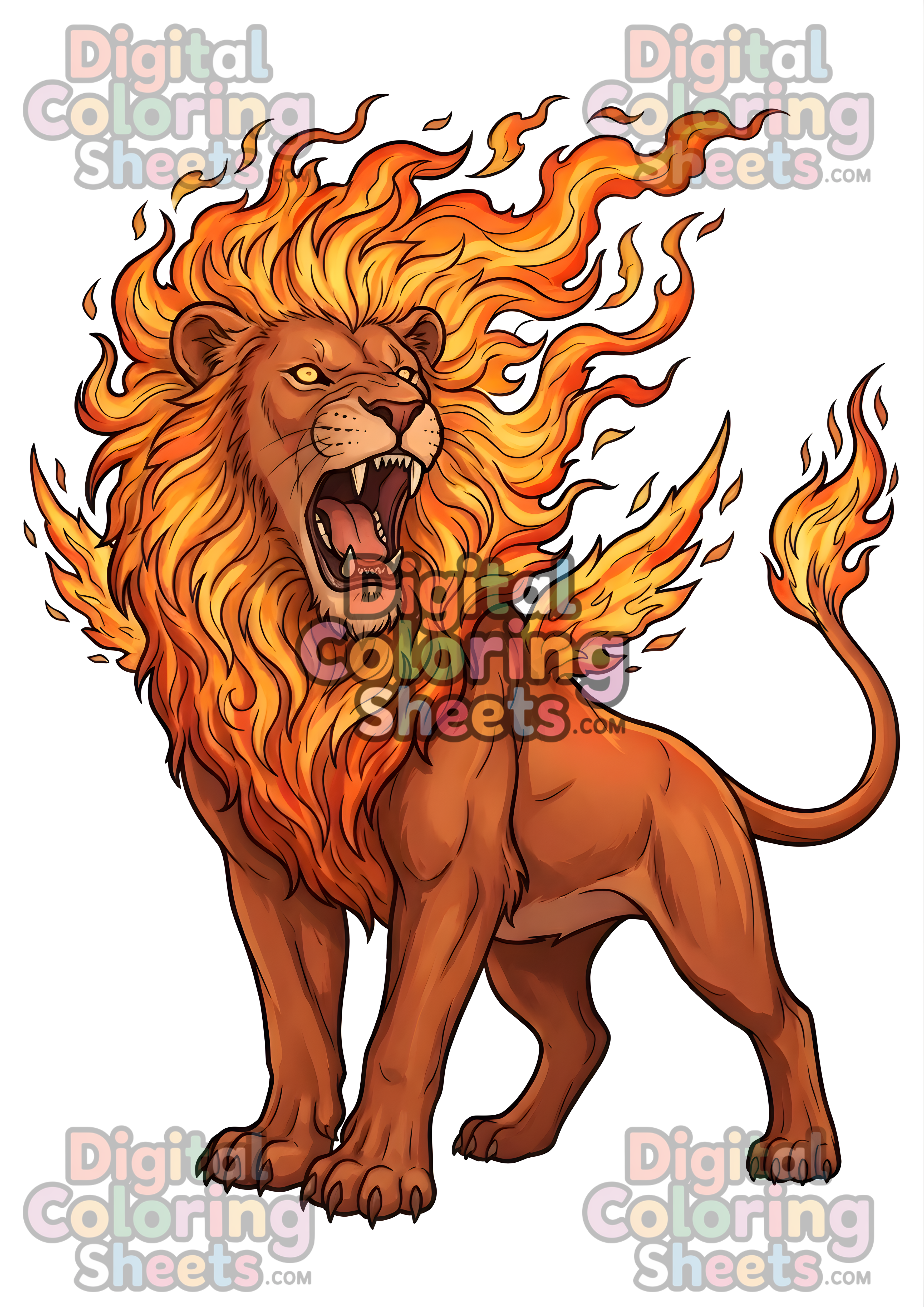 Fire Lion – Flaming Mane Fantasy Coloring Page (Digital Printable)
