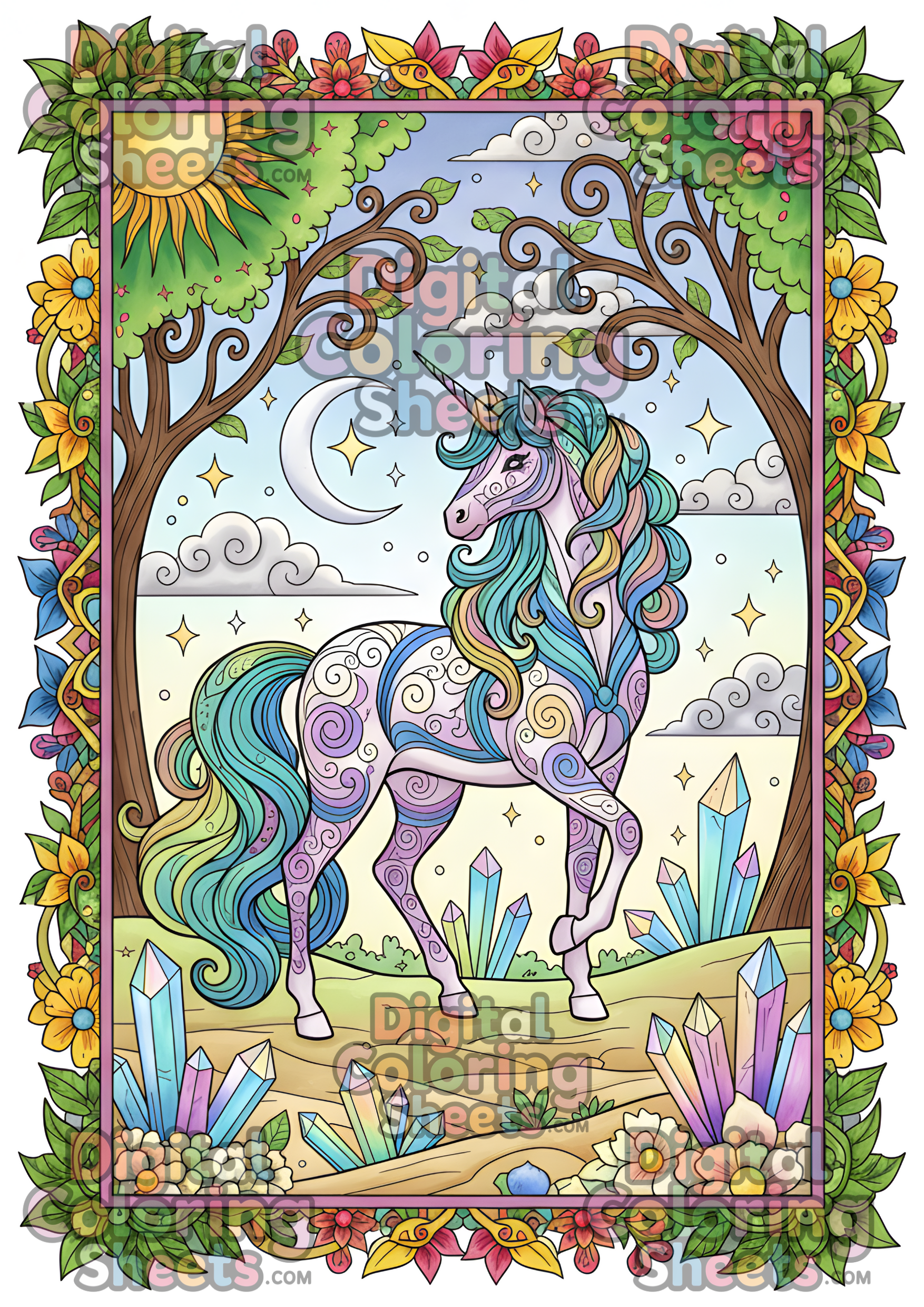 Forest Unicorn in a Floral Frame – Fantasy Coloring Page
