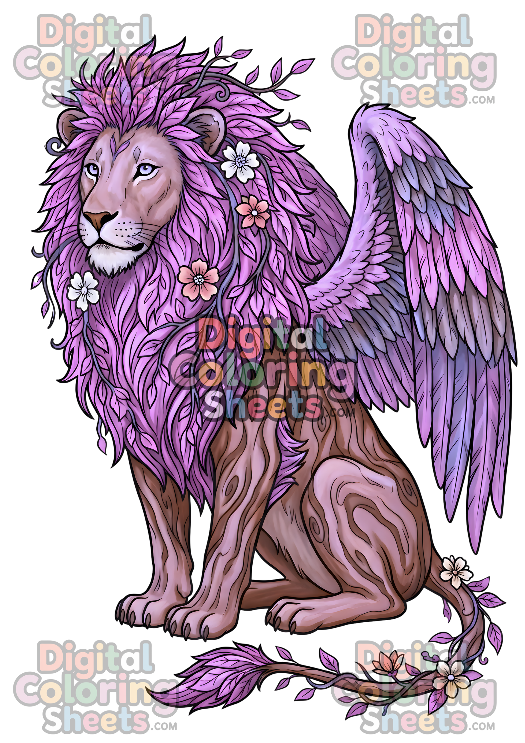 Forest Guardian Lion – Fantasy Nature Coloring Page (Printable Digital Download)