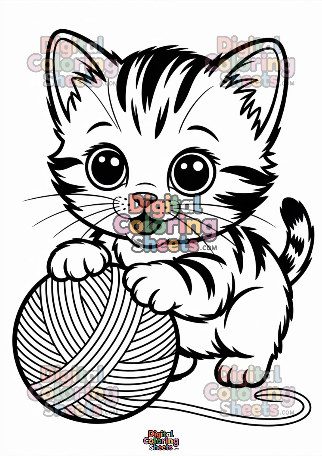 Free A4 Cute Kitten Playing With Yarn – Fun Pet Coloring Page for Kids