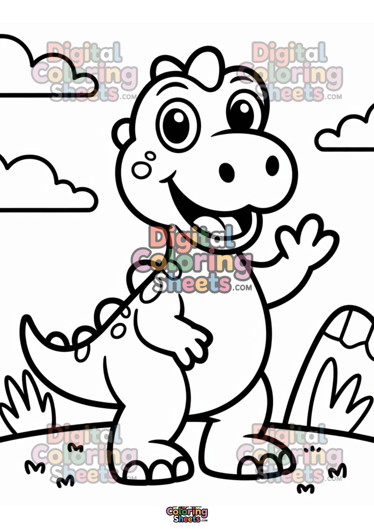 Free A4 Friendly Dinosaur Waving – Cute Prehistoric Coloring Page for Kids