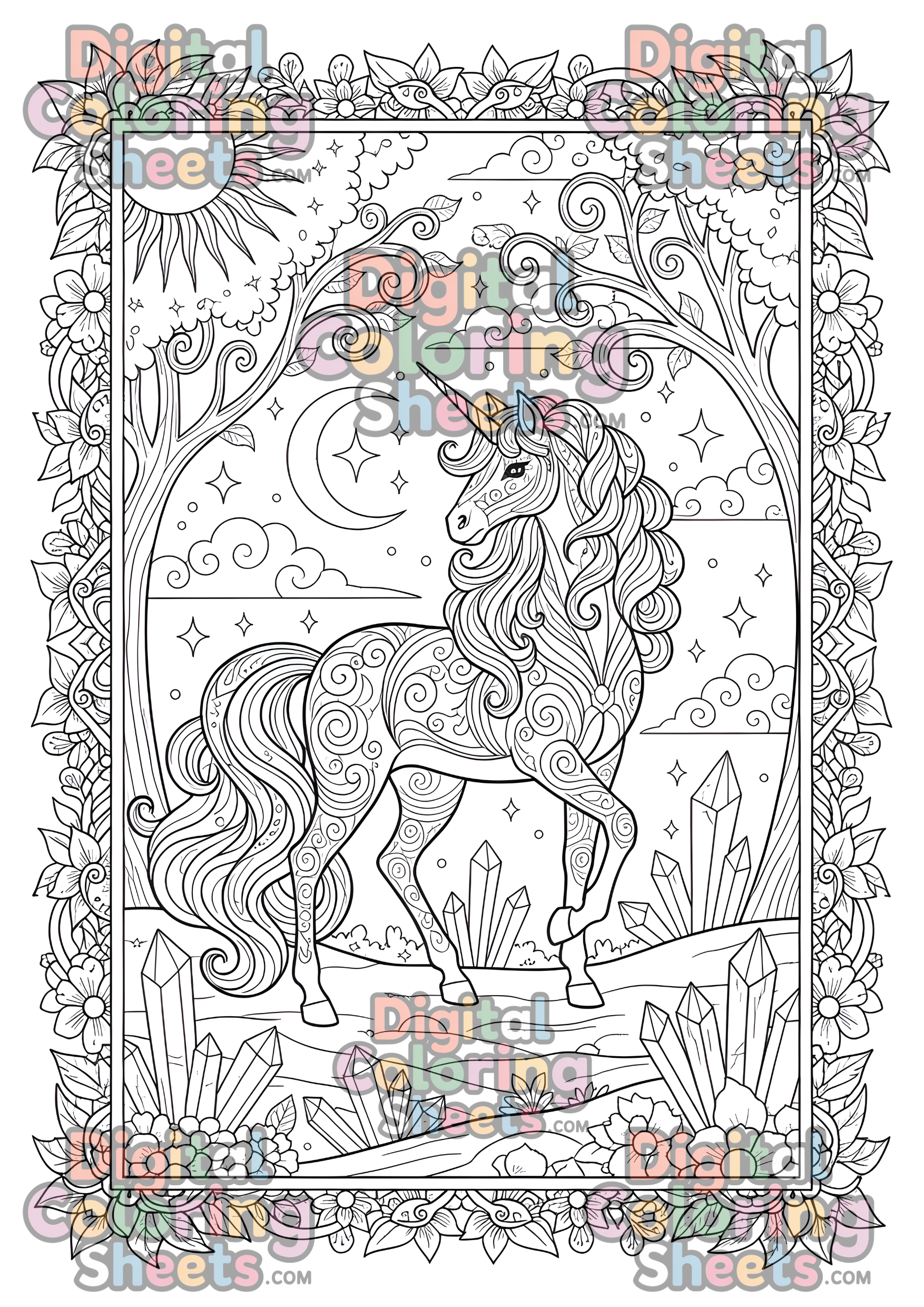 Intricate Celestial Unicorn Coloring Page – Mythical Fantasy Crystal Forest, Printable PDF for Adult Colorists