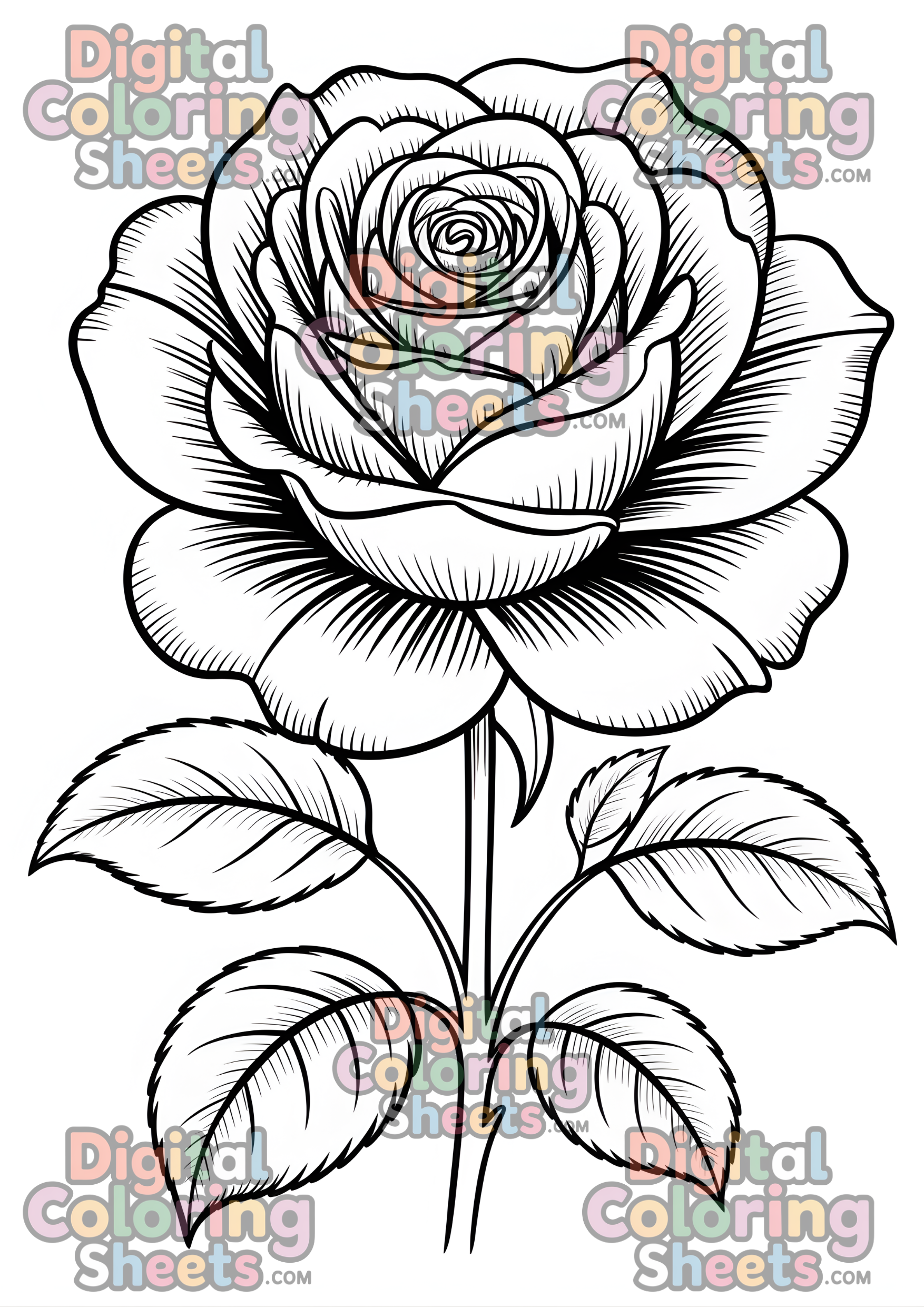 Large Blooming Rose Coloring Page – Relaxing Floral Line Art Printable