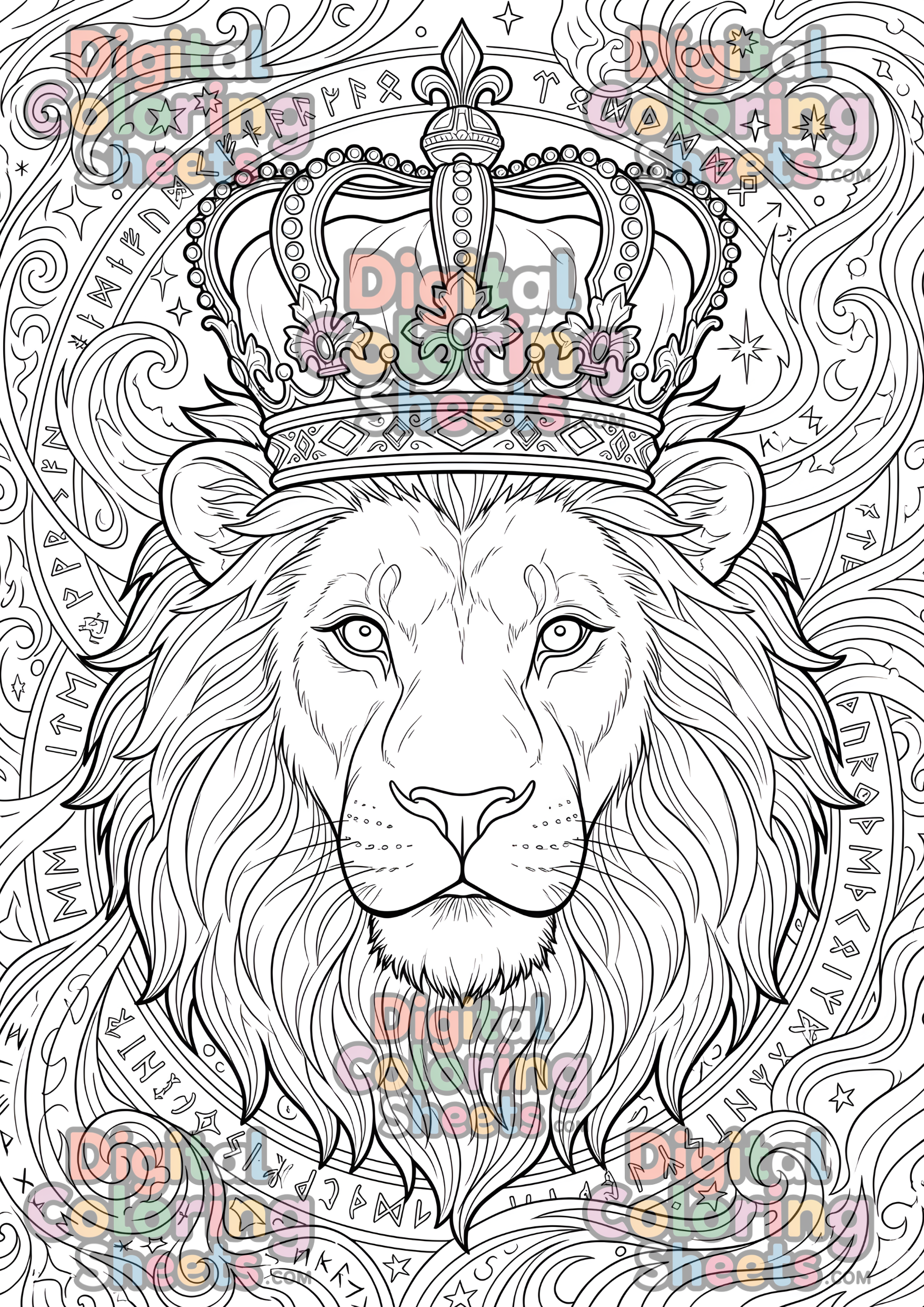 Royal Crowned Lion – Majestic Fantasy Coloring Page