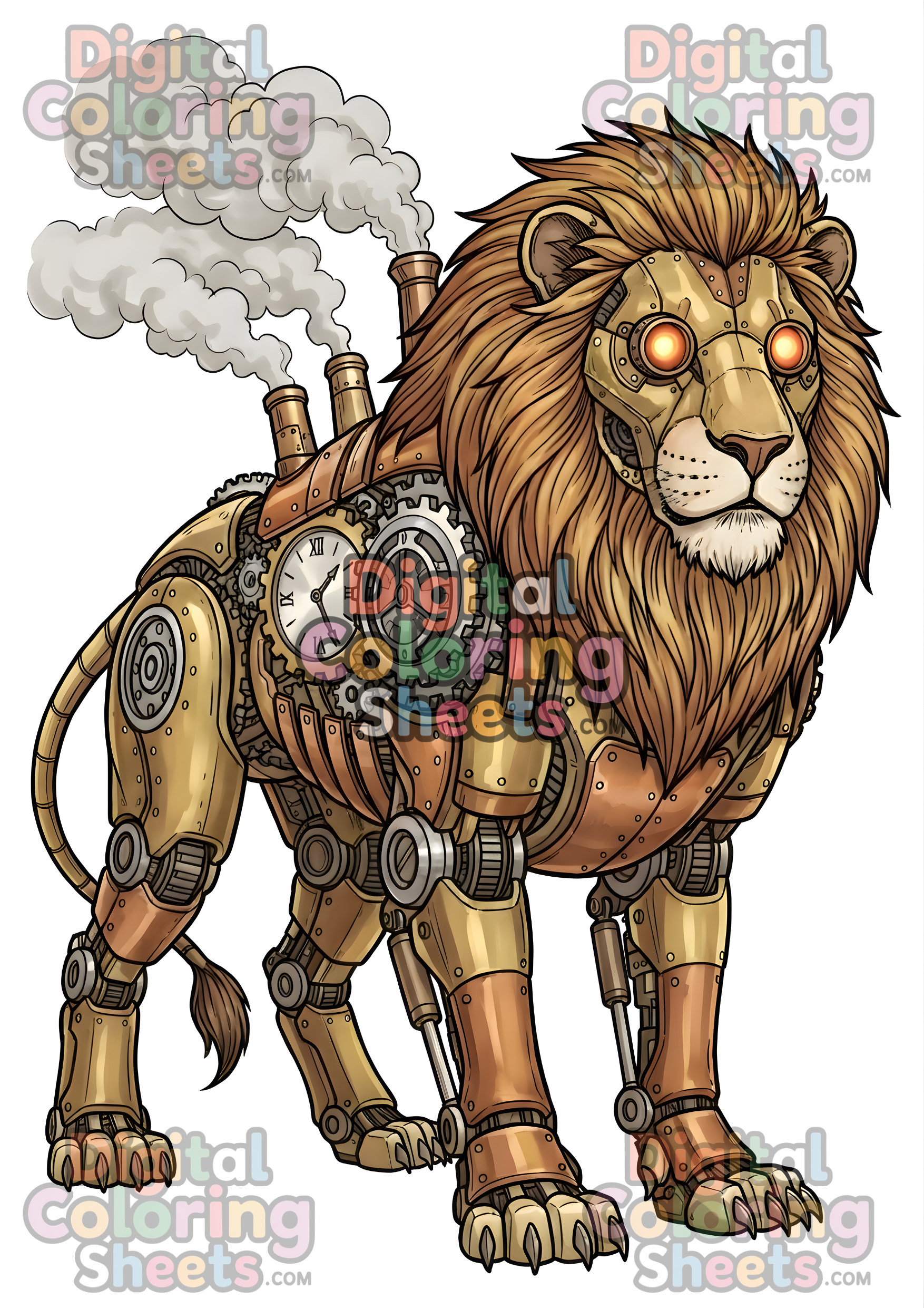 Steampunk Mechanical Lion Coloring Page