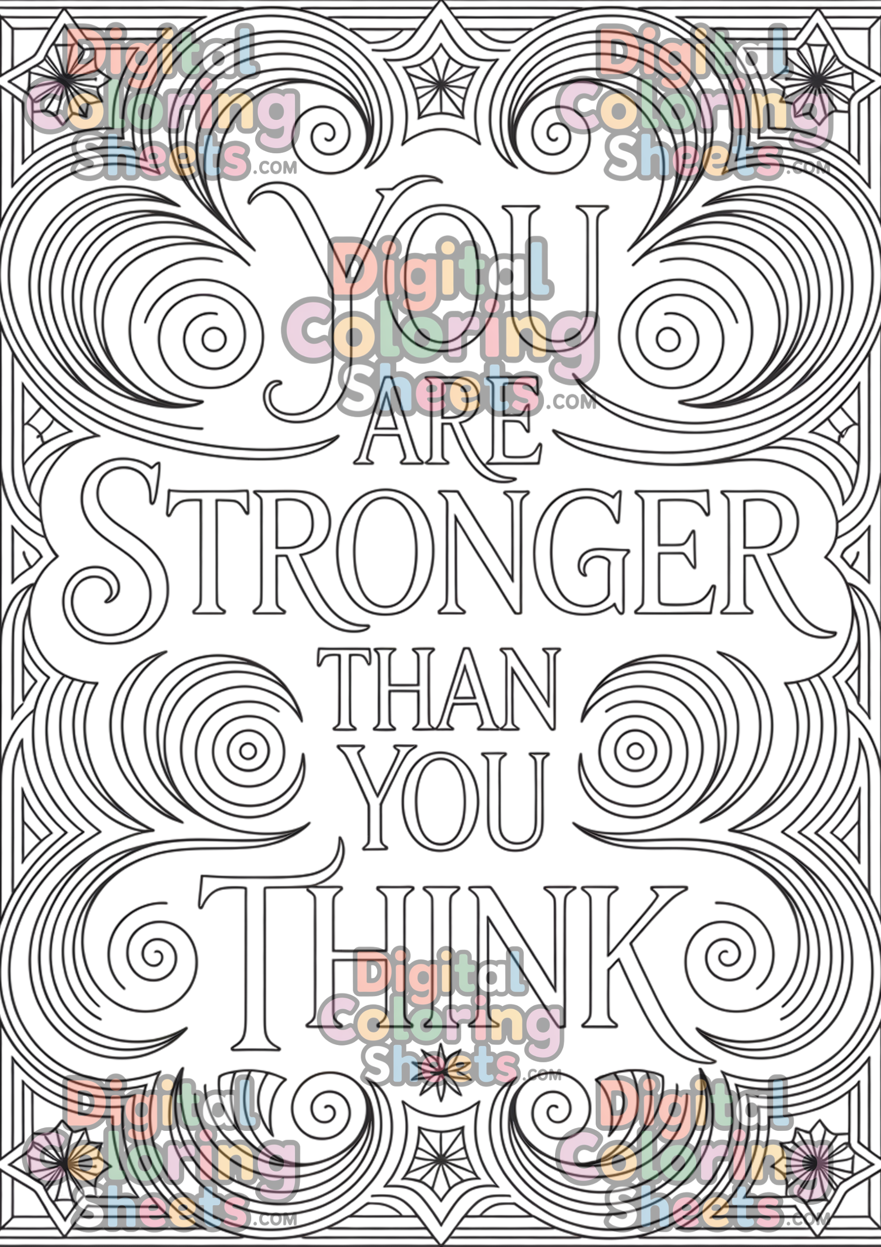 “You Are Stronger Than You Think” Coloring Page – Motivational Adult Line Art