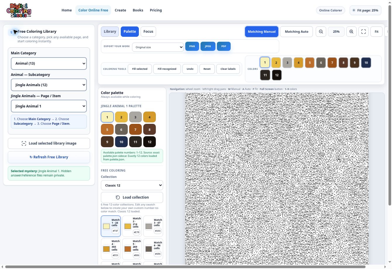 Color Online Free showing the library selectors, numbered palette, coloring modes and mystery canvas