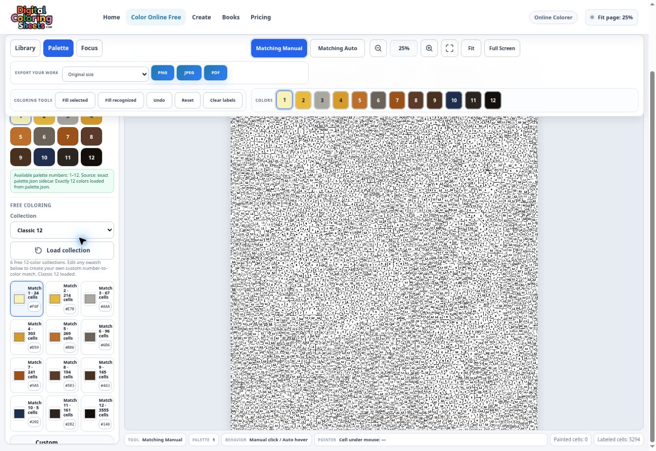 Color Online Free workspace showing a numbered page, the official palette and export controls