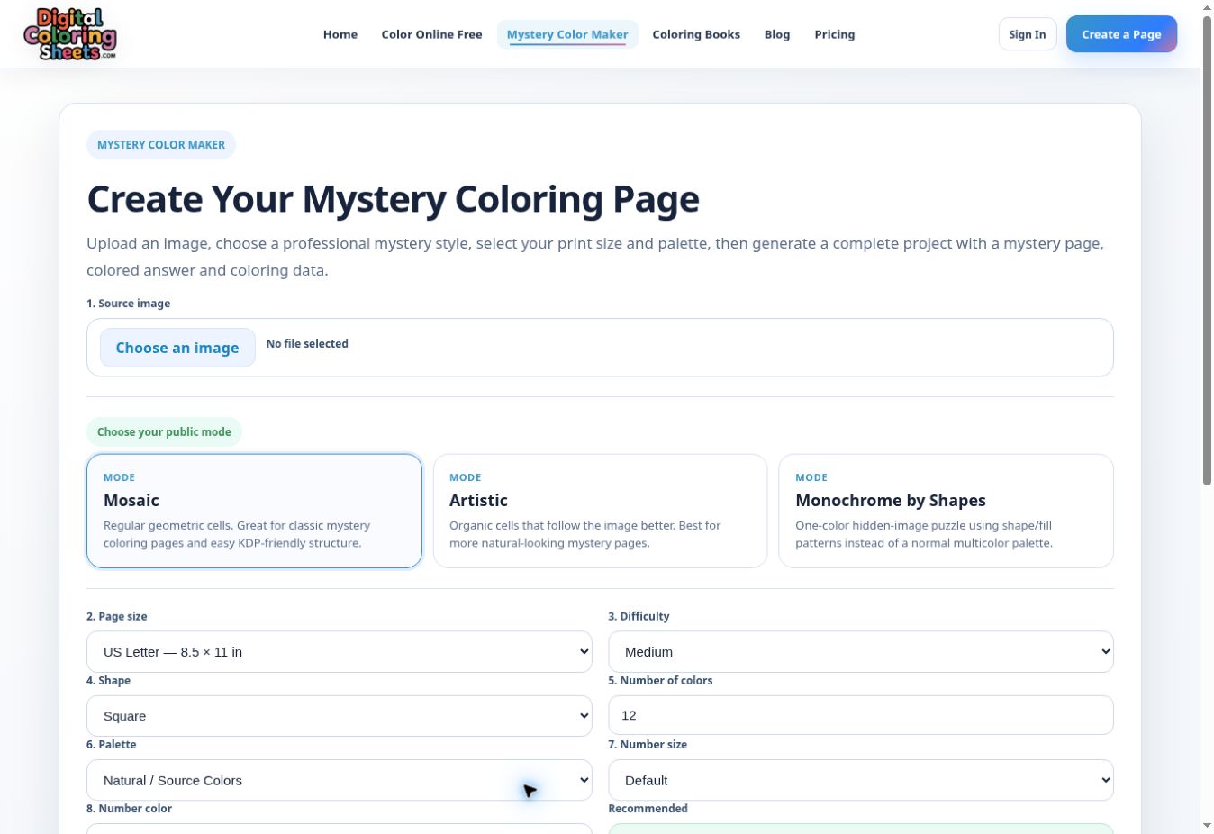 Mystery Color Maker showing the image upload, creation modes and project settings