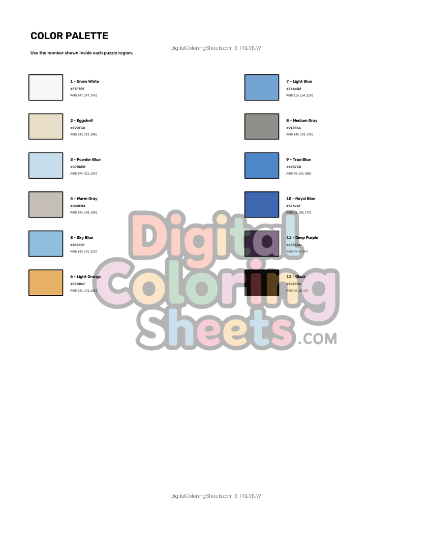 Emperor Penguin mystery color by number color palette