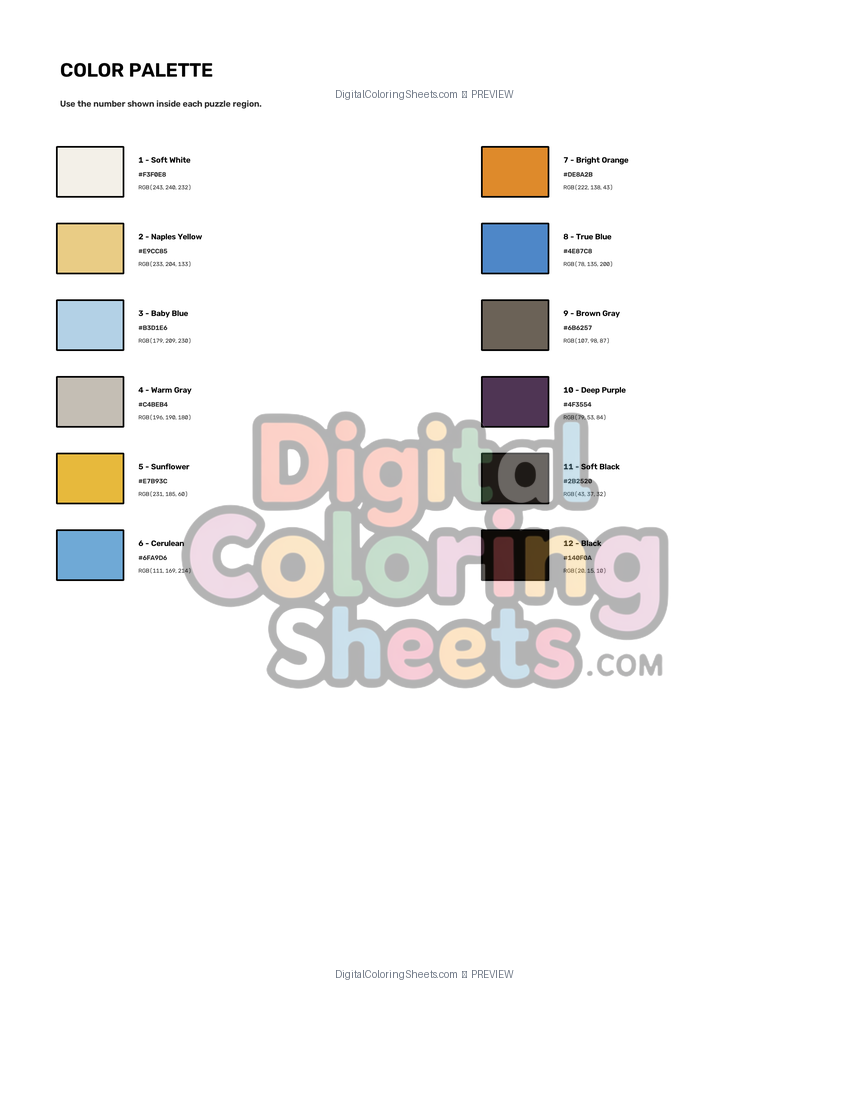 Emperor Penguin portrait mystery color by number color palette