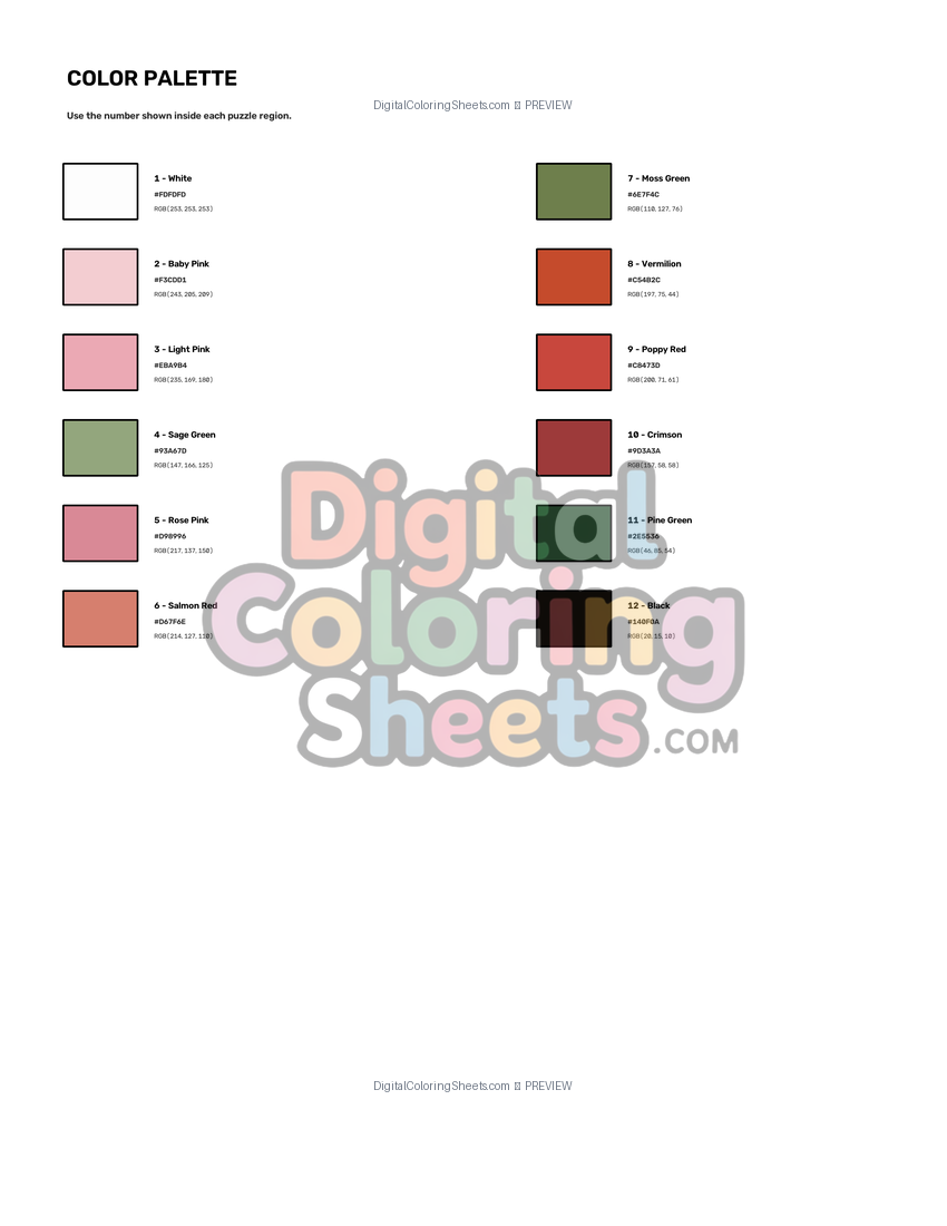 English Rose mystery color by number color palette