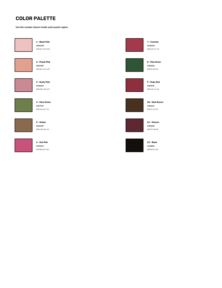 Rose mystery color by number color palette