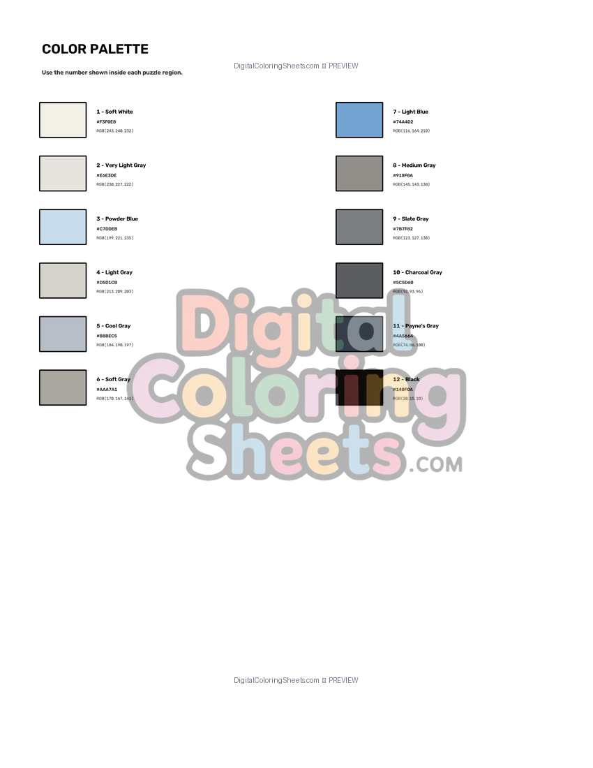 Snowy Owl mystery color by number color palette