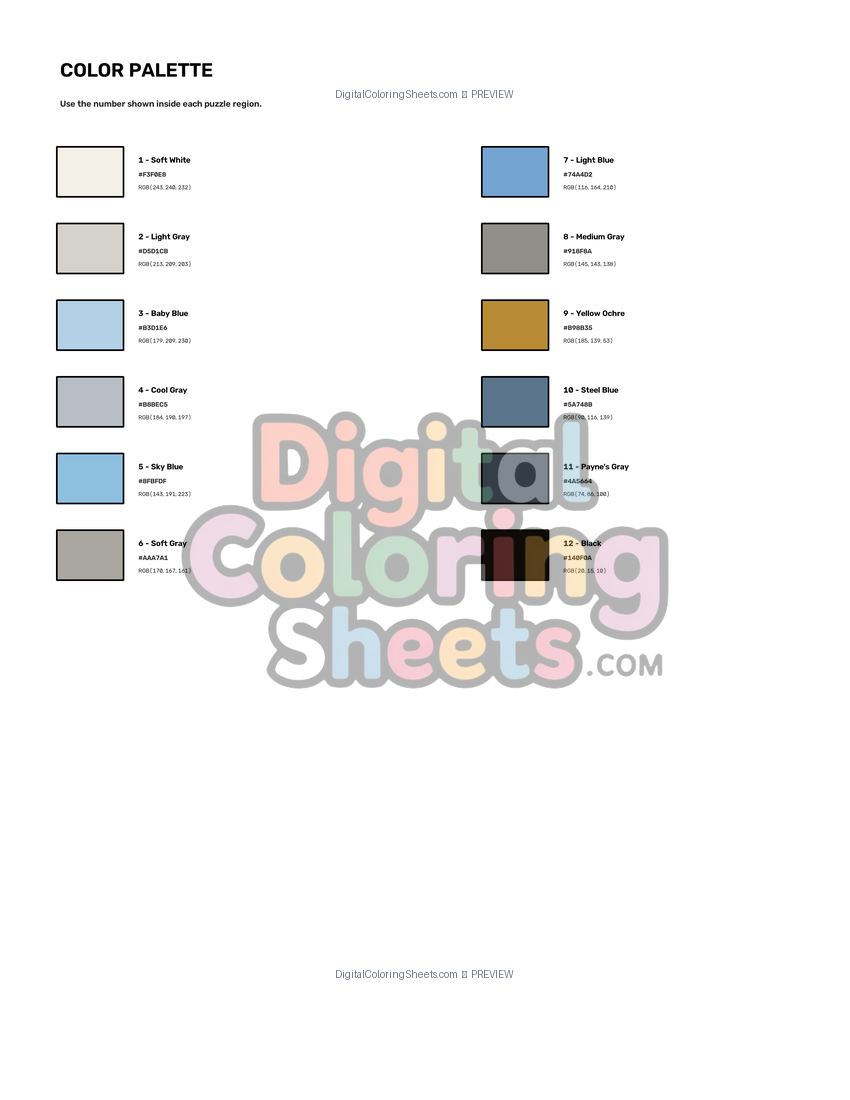 Snowy Owl Portrait mystery color by number color palette