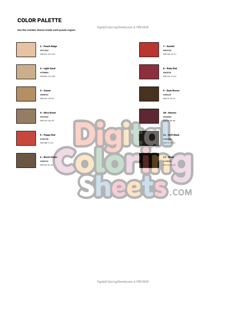 The Red Rose mystery color by number color palette