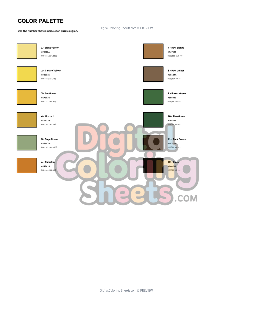 The Yellow Rose mystery color by number color palette