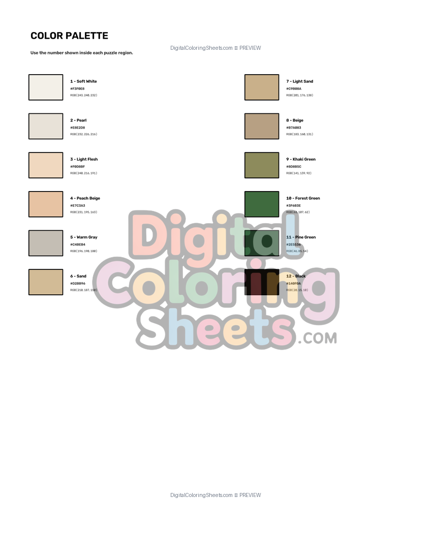 White Rose mystery color by number color palette